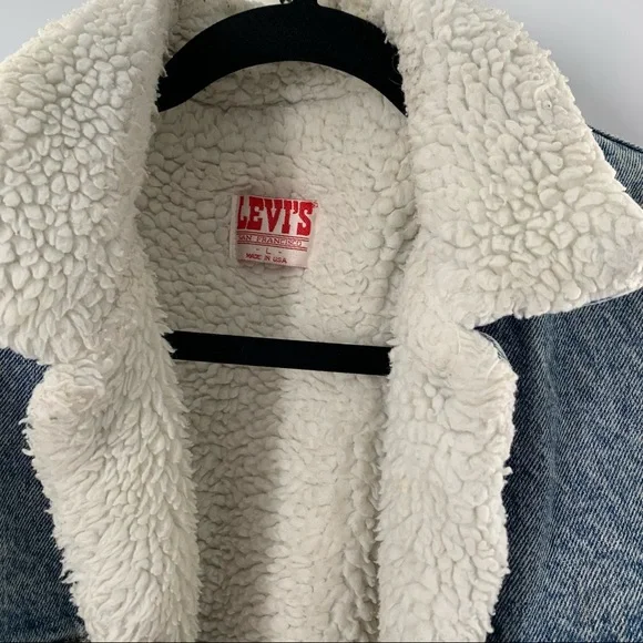 Levi’s Vintage 80’s Denim Distressed Jacket Sherpa Piled Size L - Picture 5 of 12